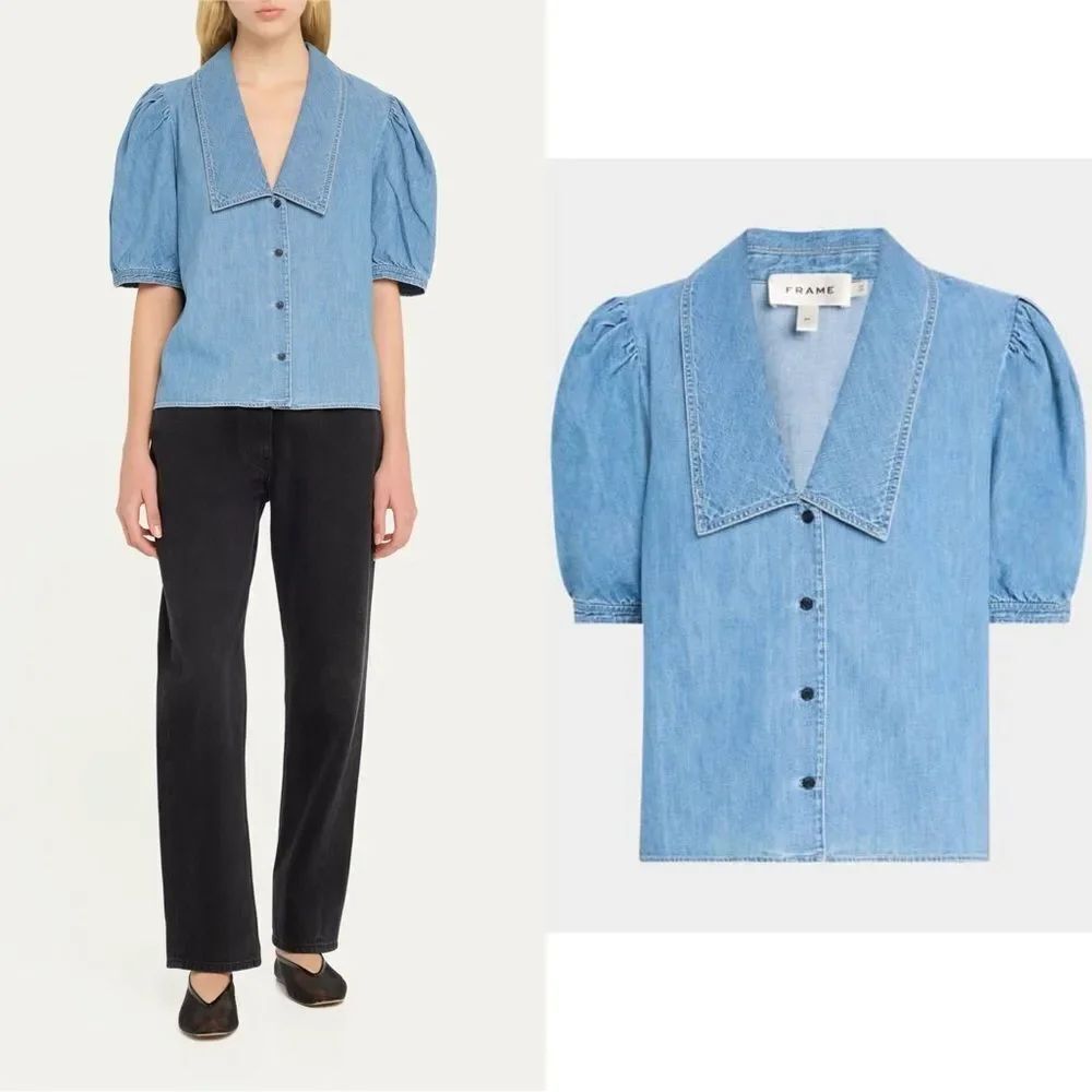 Frame Sailor Denim Blouse in “Starlet” medium wash